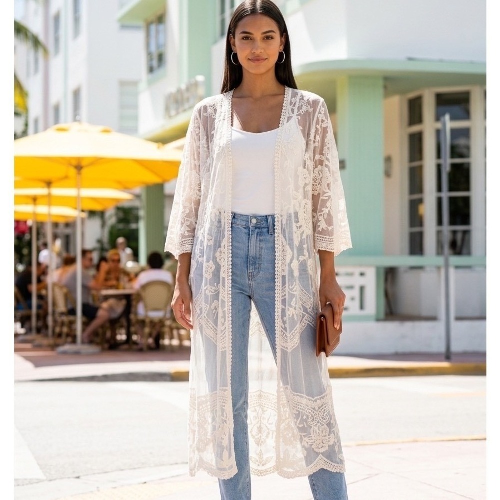 Ivory Lace Longline Kimono Duster Floral Mesh Beach Coverup Womens M/L Romantic